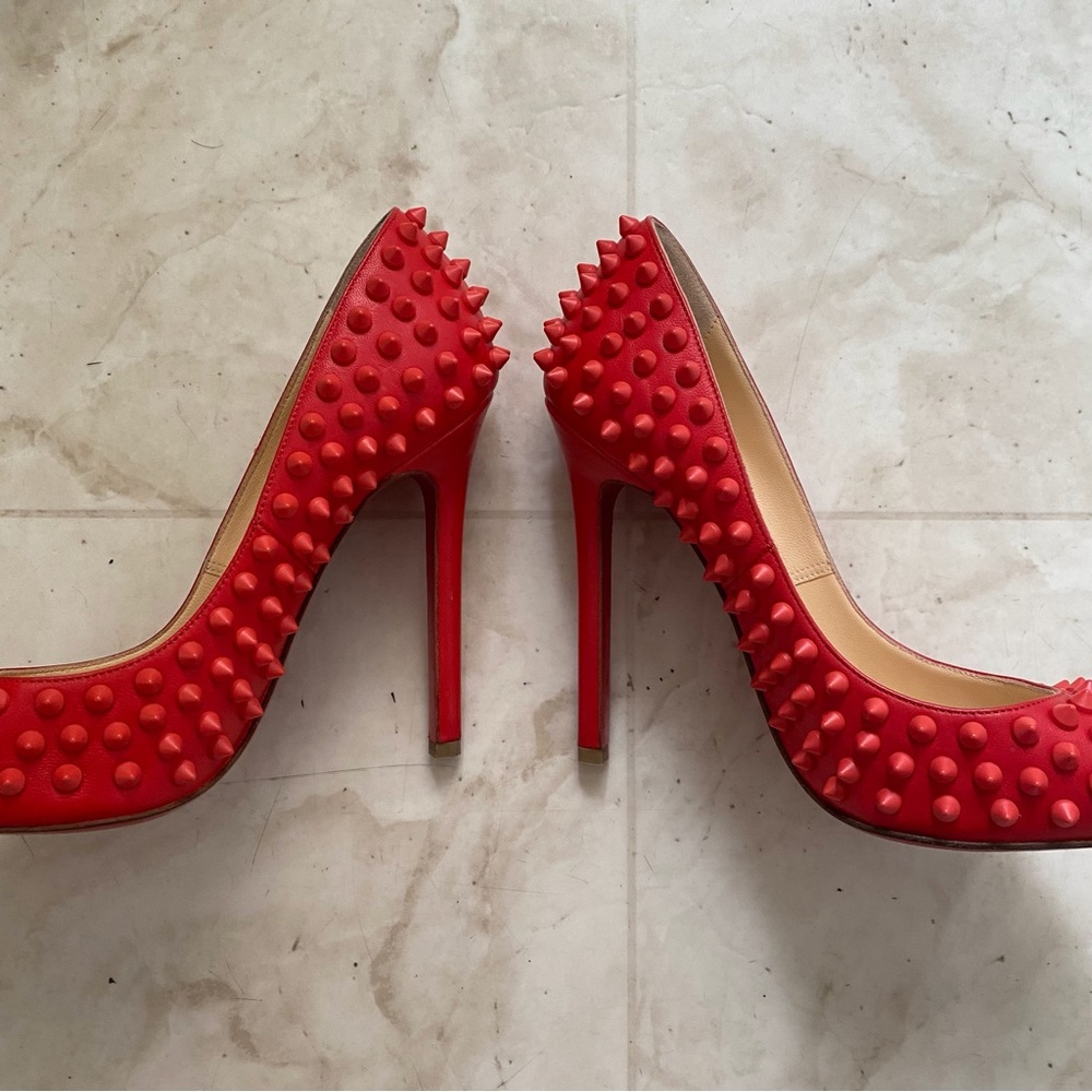 Christian Louboutin Pigalle Spikes 120 Pointed Toe Red Leather Pumps Heels 6.5 - Picture 6 of 14